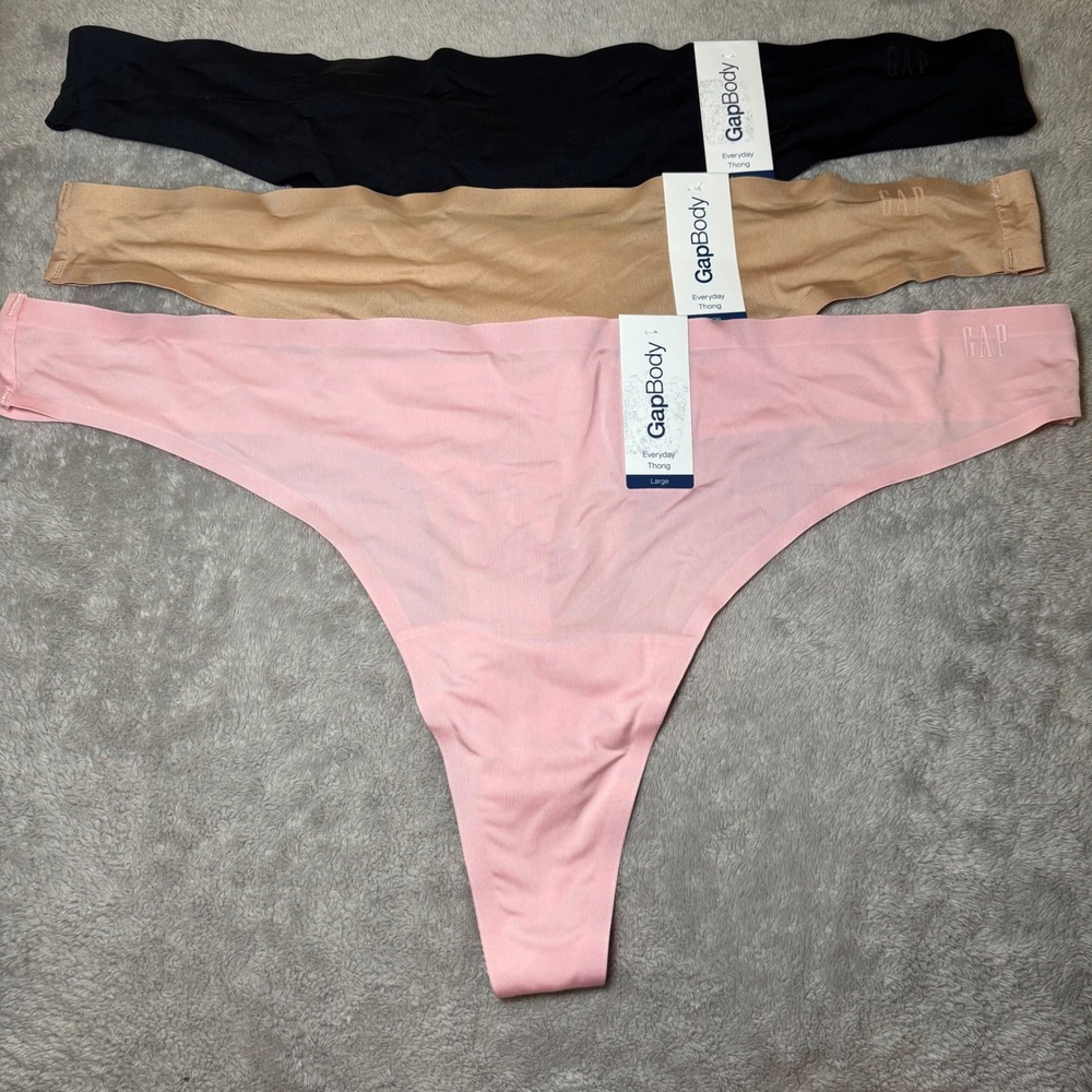 GapBody Everyday Thong 3 Pack Seamless Laser Cut Black Tan Pink Womens Large